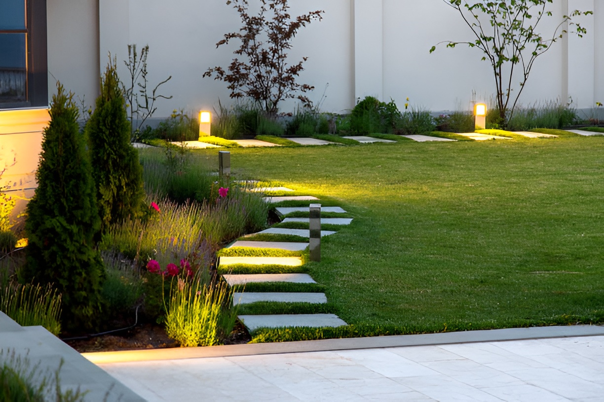 garden path illuminated by modern landscape lighting