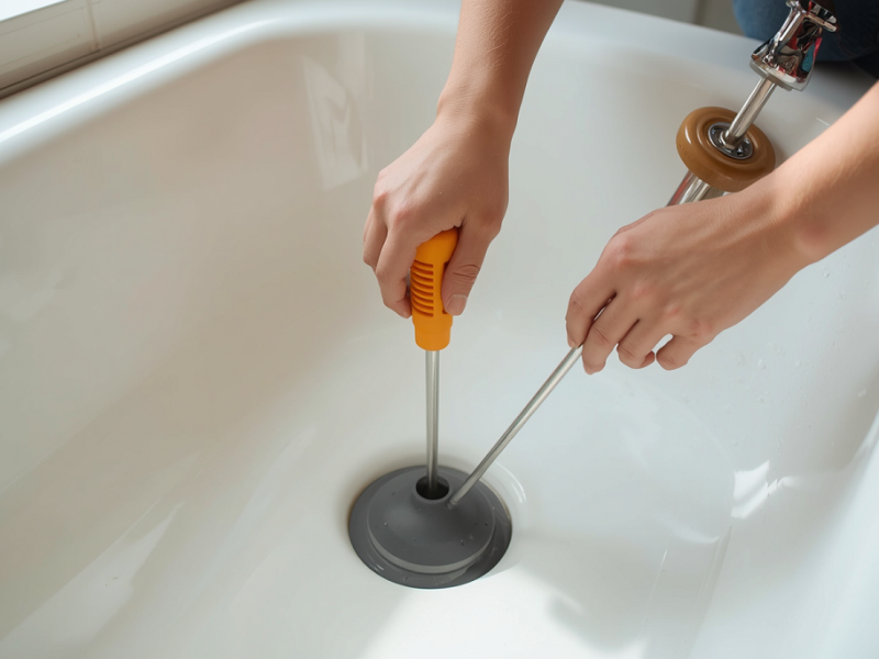 person unclogging a bathtub drain