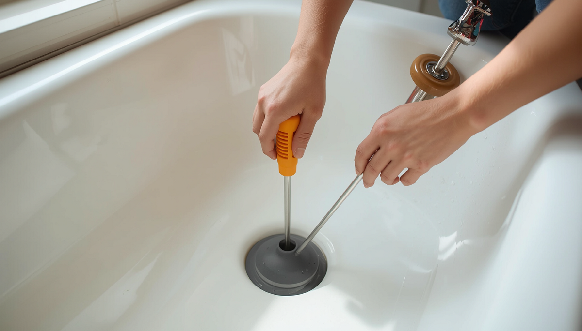 person unclogging a bathtub drain
